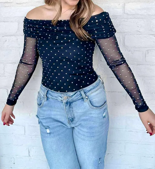 Polka Dot Off Shoulder Mesh Stretch Fabric Long Sleeve Top