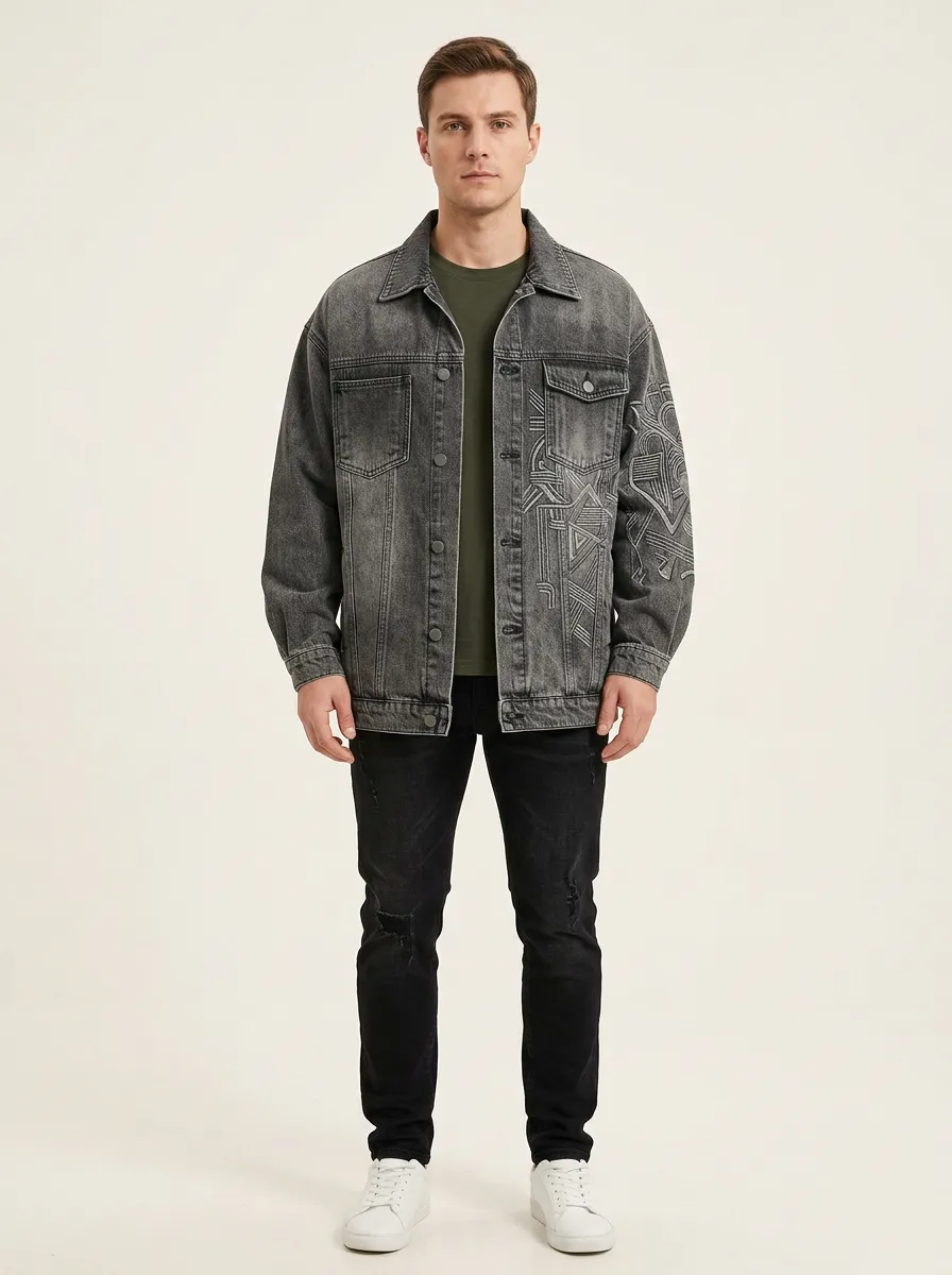 Men's Street Style Geometric Printed Denim Jacket