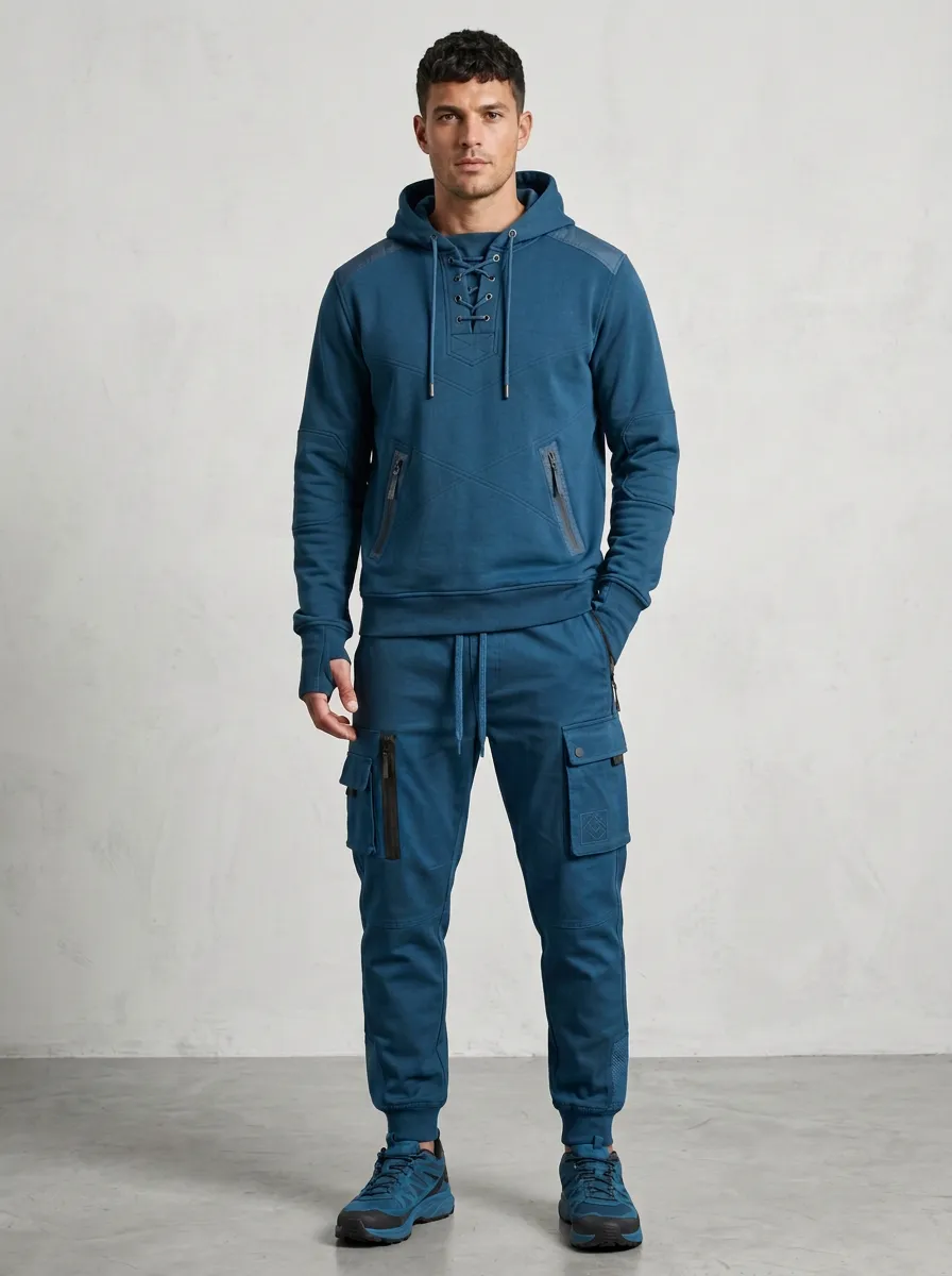 Functional Lace-Up Multi Pocket Casual Look Men's Lace Up Hoodie And Cargo Jogger Set