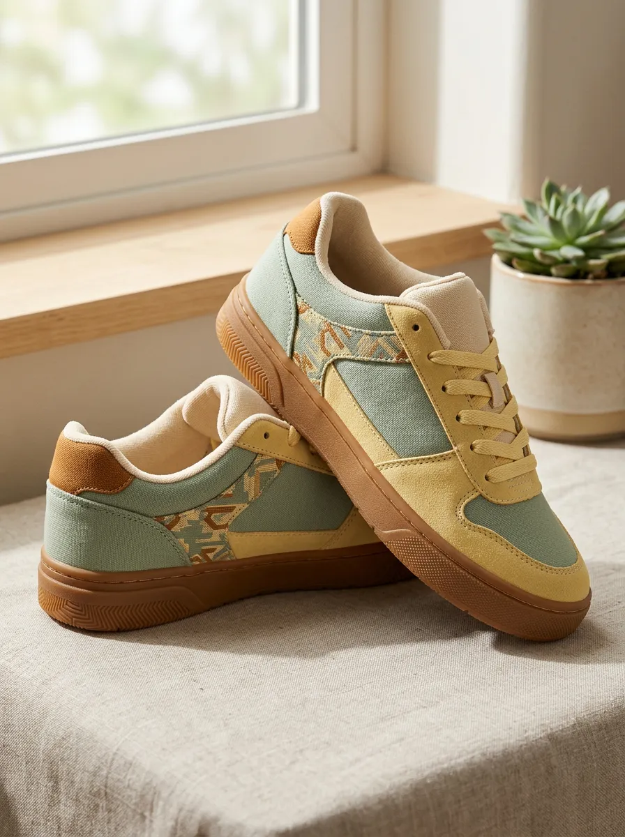 Women's Geometric Pattern Sage Green Yellow Printed Sneakers
