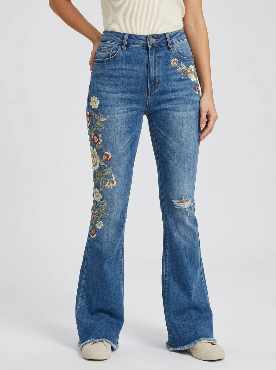 Women's Retro Medium Wash Floral Embroidery High-Rise Flare Jeans