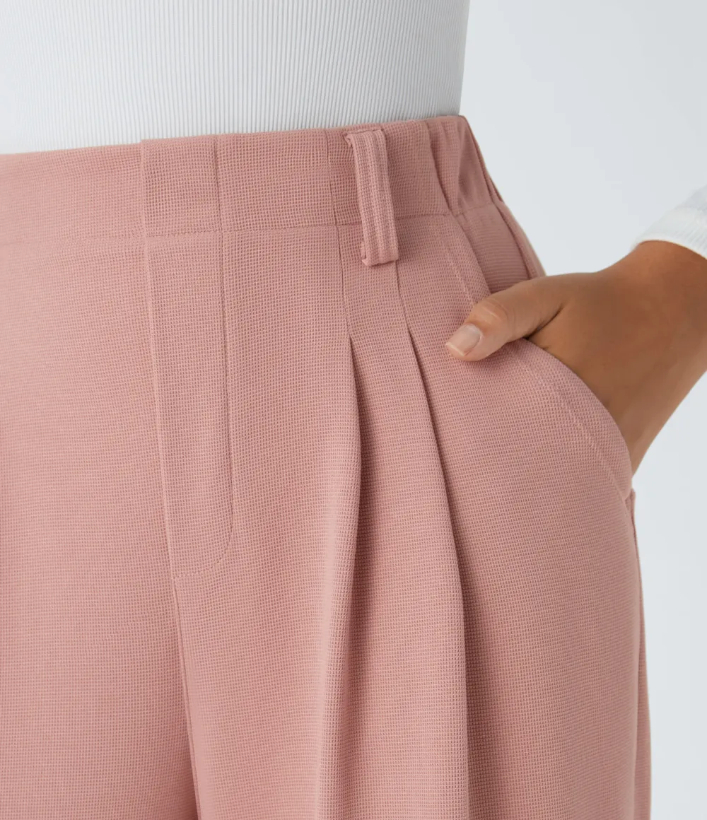  High Waisted Plicated Side Pocket Wide Leg Waffle Work Pants