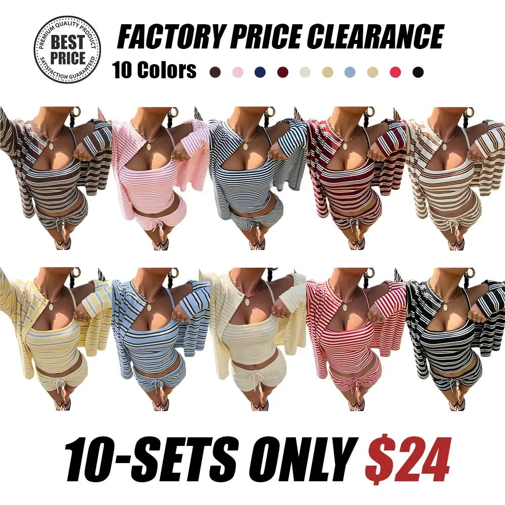 Striped Knit Women's Casual Striped Tank Top Jacket Shorts Set
