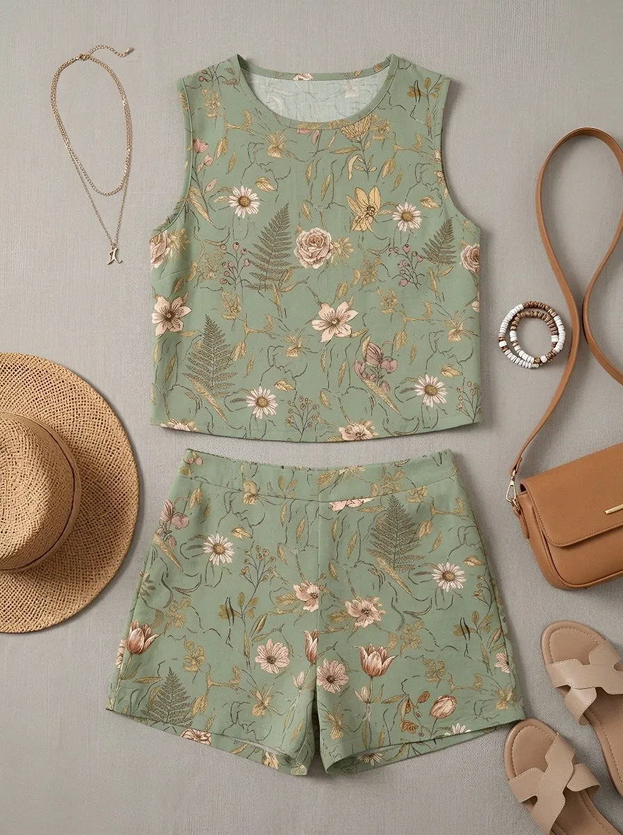 Women's Botanical Garden Floral Fern Printed Sleeveless Set