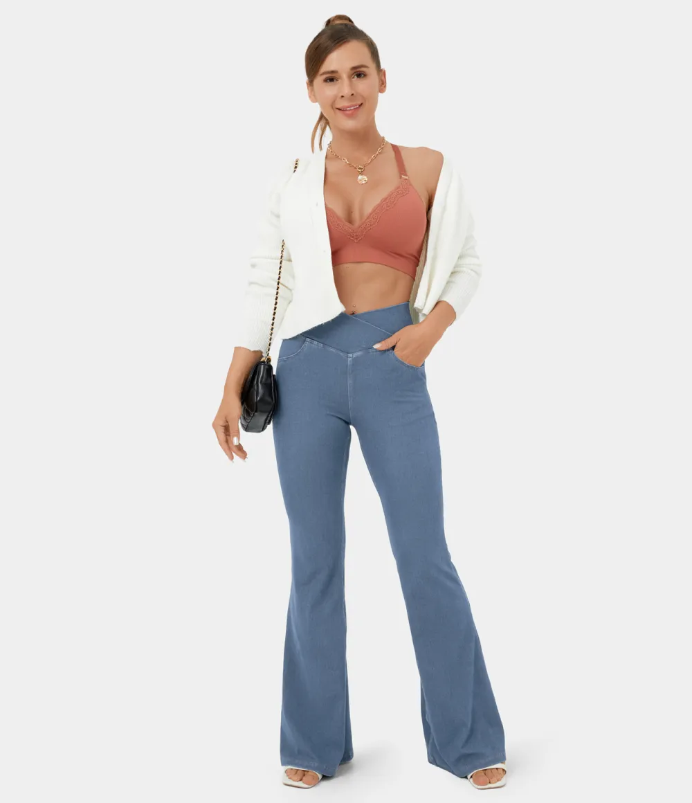 Magic High Waisted Crossover Pocket Cool Touch Washed Stretchy Knit Casual Super Flare Jeans