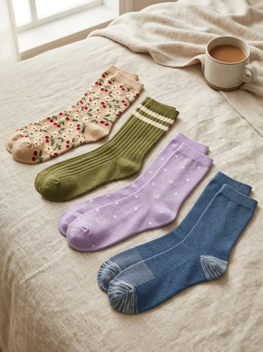 Women's Floral Cherry Striped Polka Dot Printed Socks 4-Pack