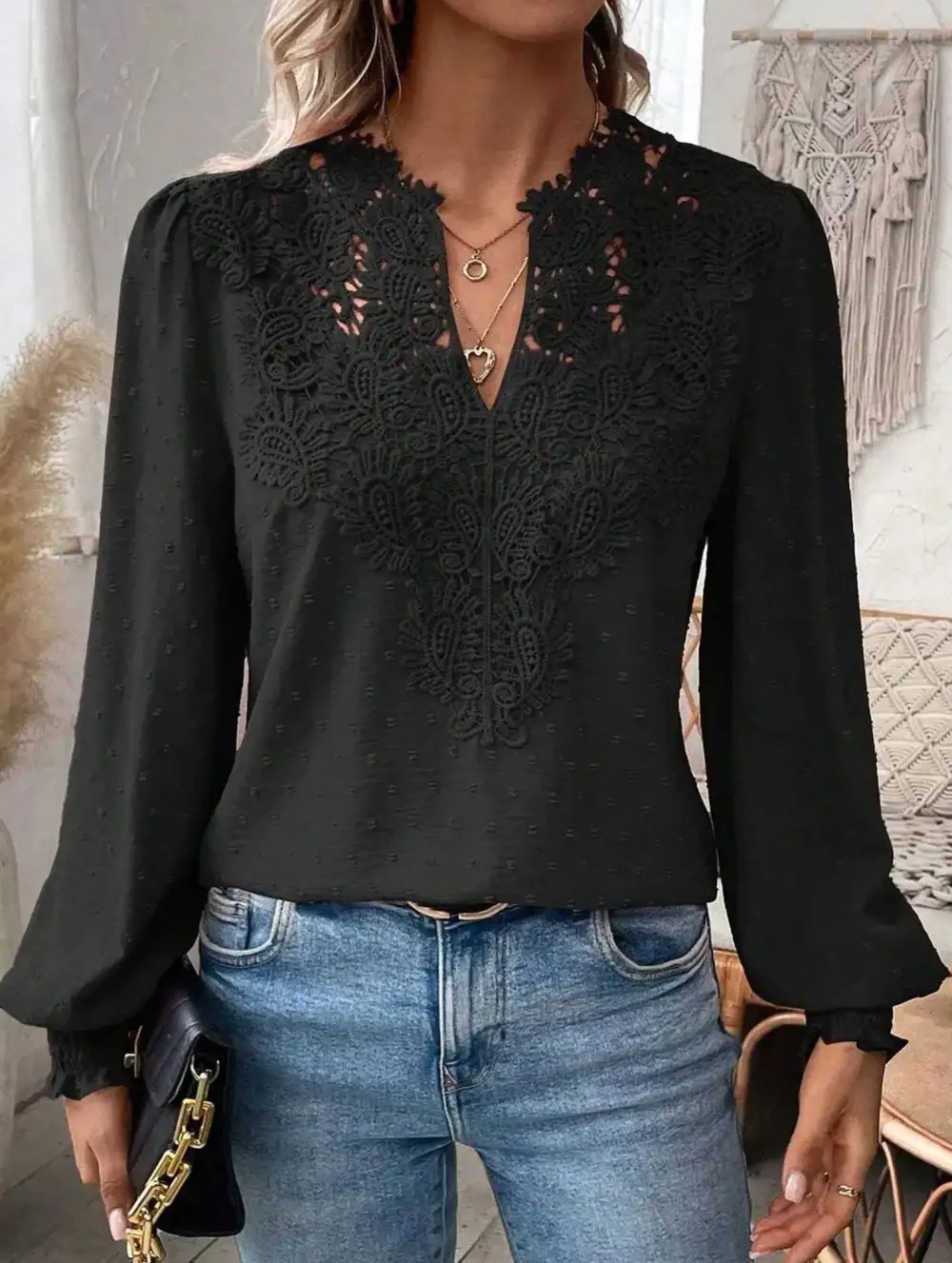 Breezy Lace Detail V Neck Blouse