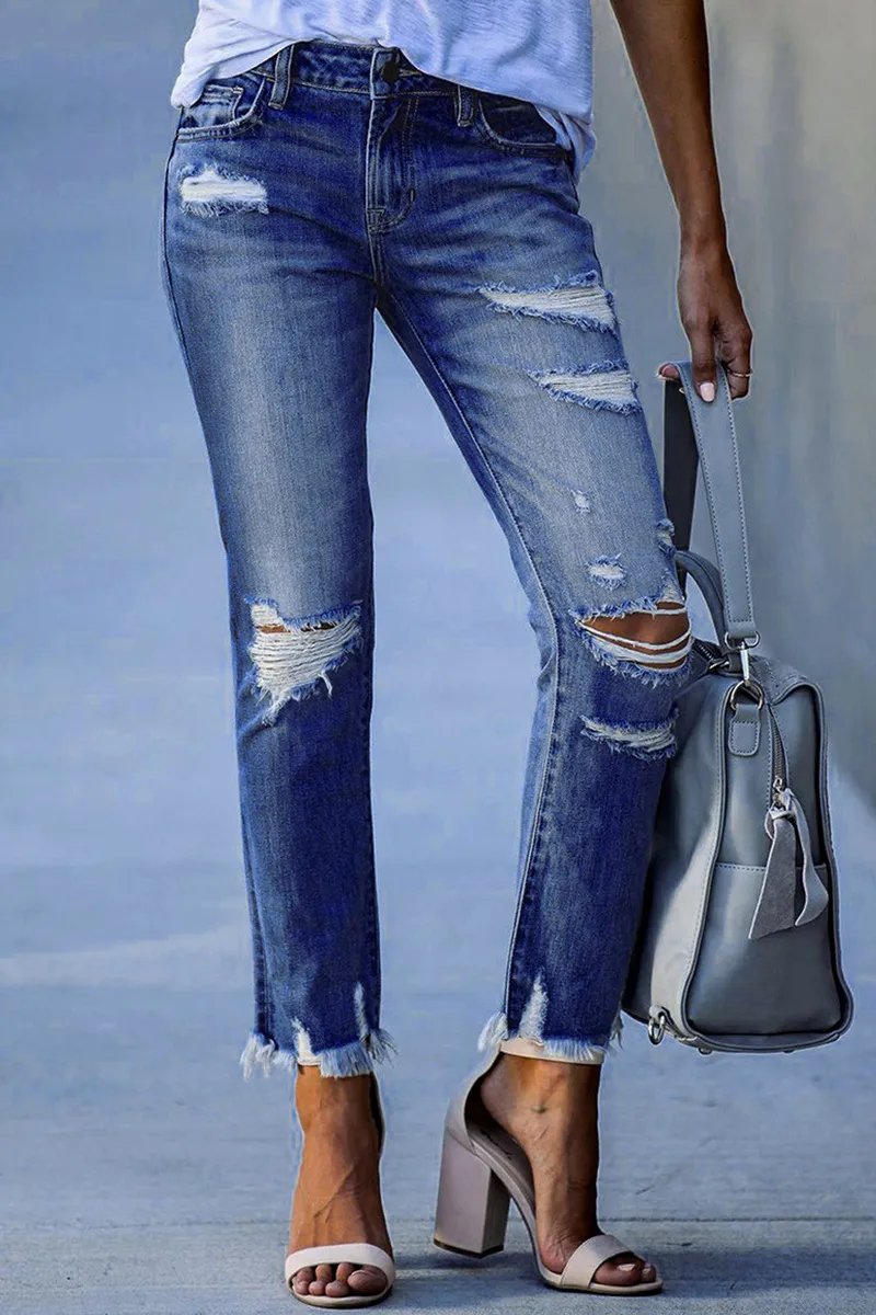 Distressed Raw Hem Straight Leg Jeans