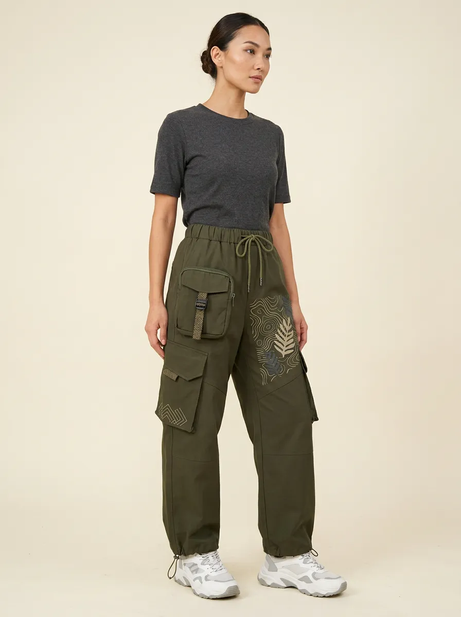 Women's Olive Green Outdoor Nature Leaf Cargo Pants