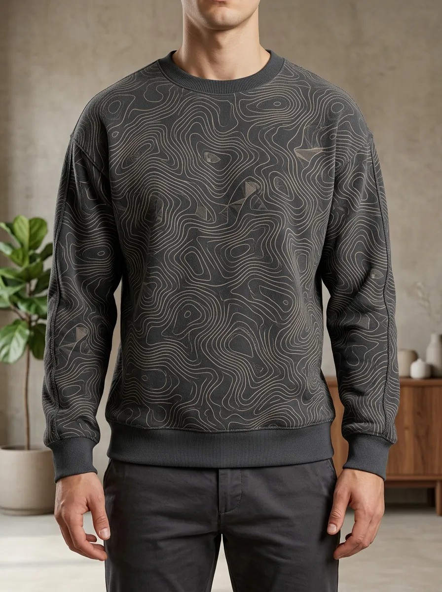 Men's Topographic Print Crewneck Sweatshirt Topographic Line Art