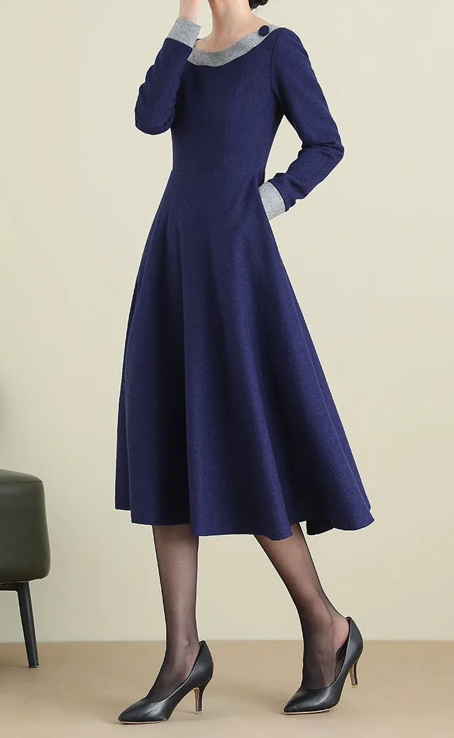 Structured Wool Blend A Line Long Sleeve Midi Dress