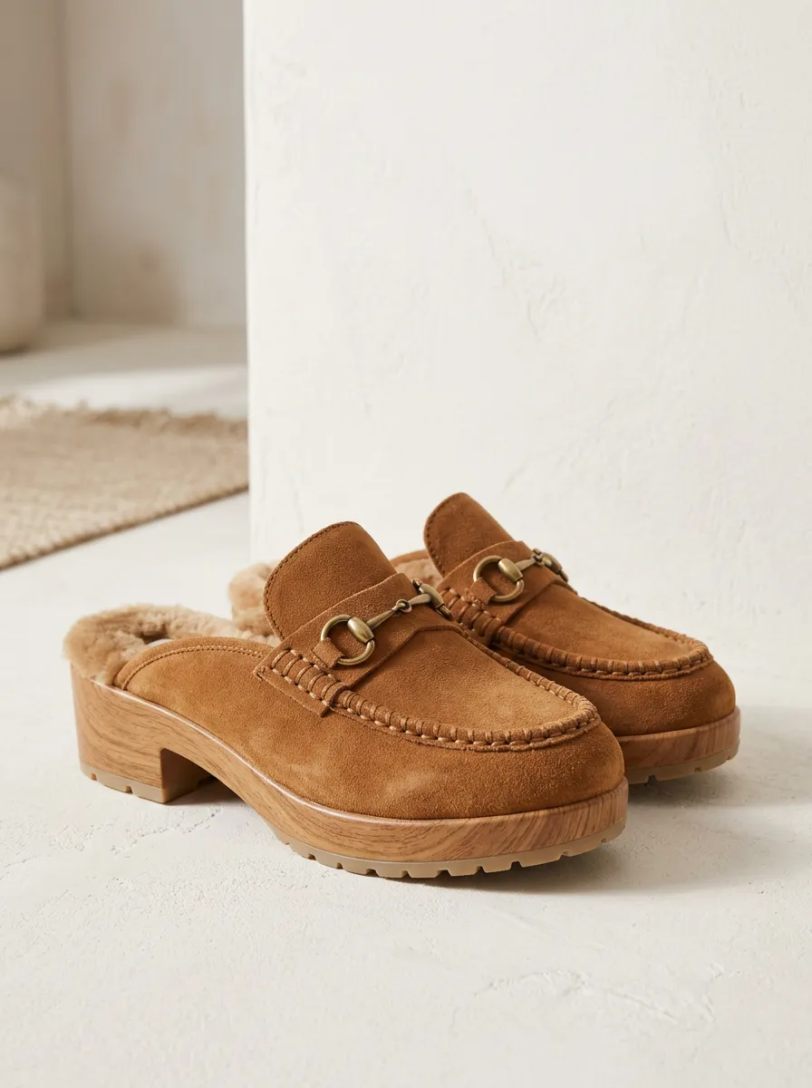 Women's Faux Fur Lined Metal Detail Clog Style Casual Suede Wood Sole Loafers