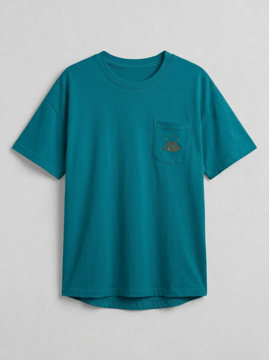 Women's Camping Tent Relaxed Embroidered Pocket Crewneck T-Shirt