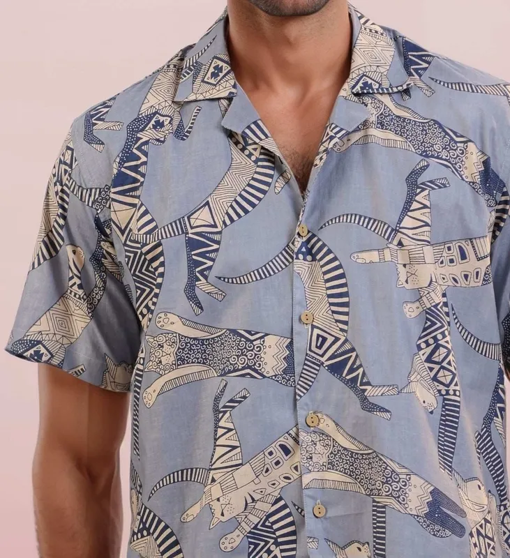 Gray Tribal Cat Mulmul Cotton Camp Collar Shirt