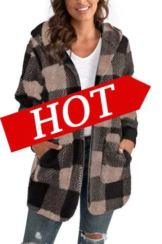Womens Fuzzy Fleece Open Front Hooded Cardigan Jackets Sherpa Coat with Pockets