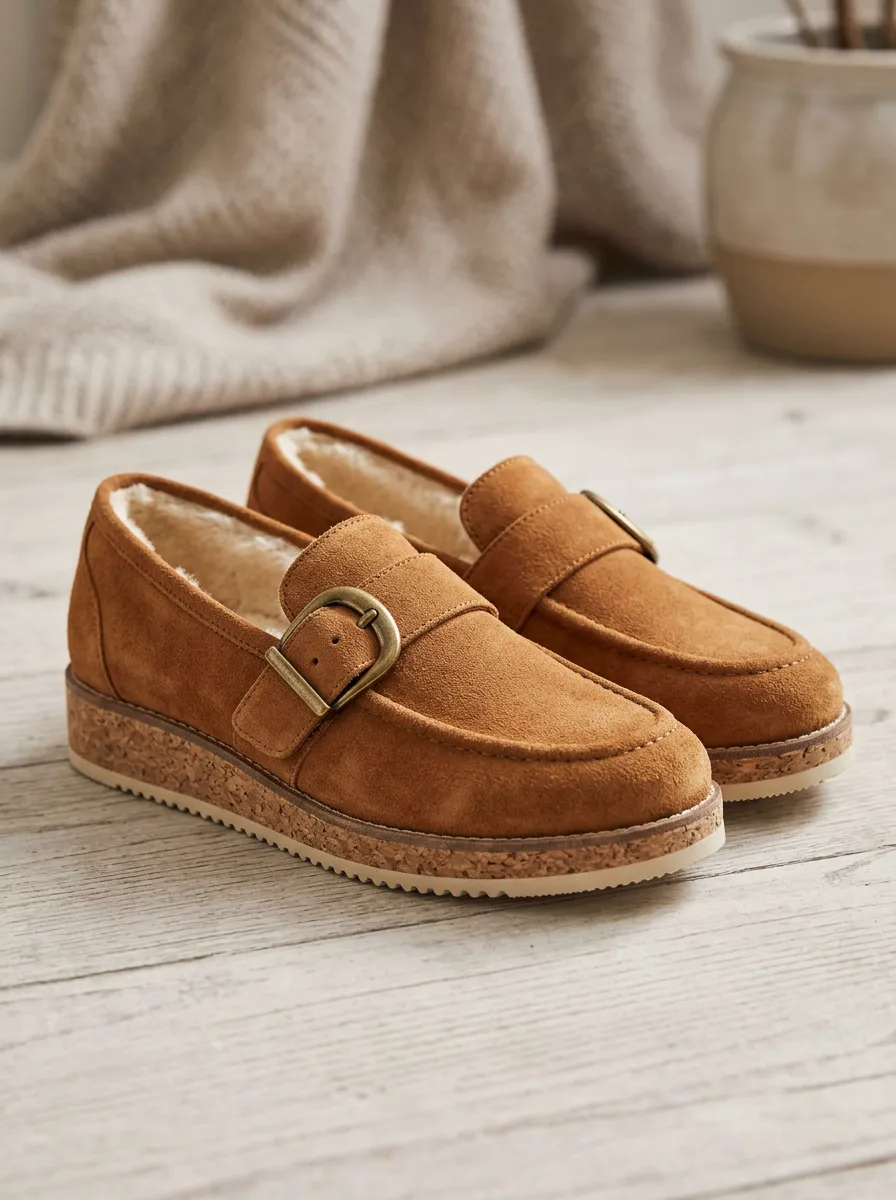 Women's Outdoor Faux Fur Lined Buckle Detail Casual Suede Wood Sole Loafers