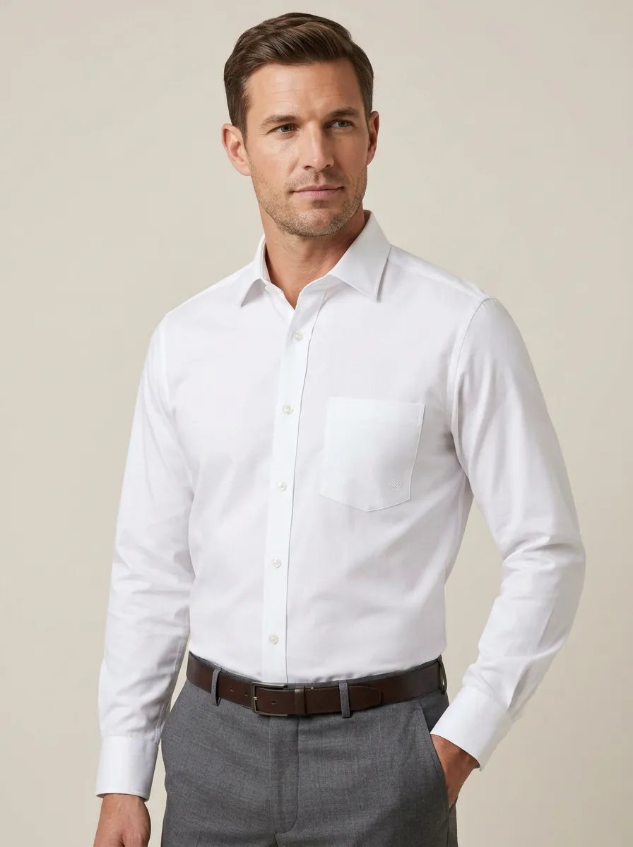 Men's Non-Iron Cotton White Solid Pocket Long Sleeve Shirt