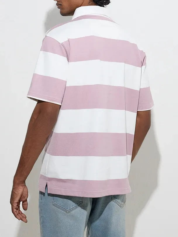 Lilac Striped Loose Cotton-Blend Polo T-Shirt
