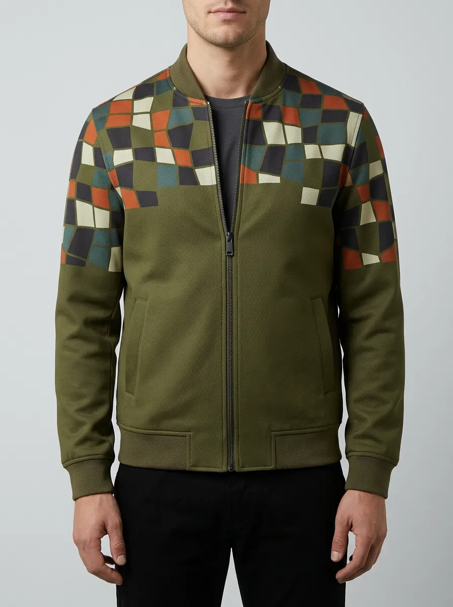 Geometric Print Ribbed Trim Sleeve Detail Bomber Jacket