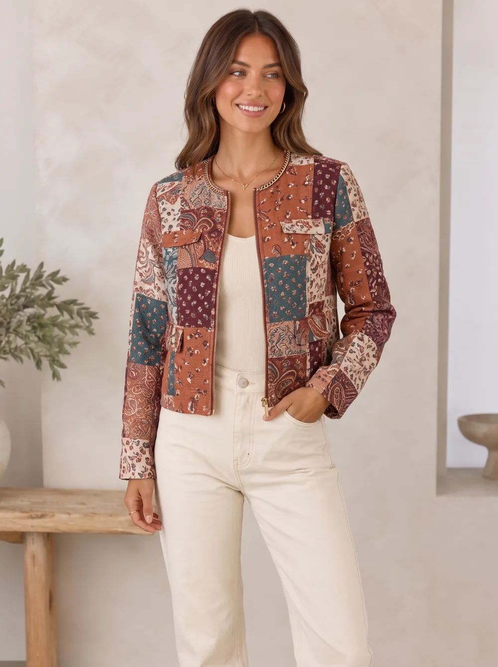 Women's Bohemian Paisley Patchwork Printed Zip-up Jacket