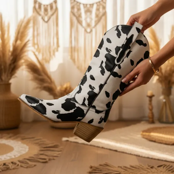 Hadie Cow Print Western Boots