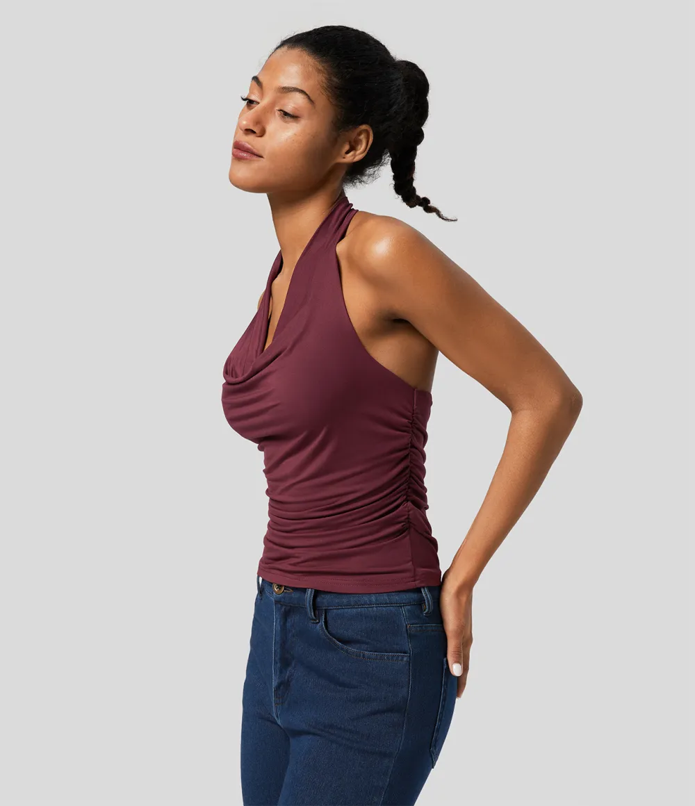 Halter Cowl Neck Backless Ruched Casual Tank Top