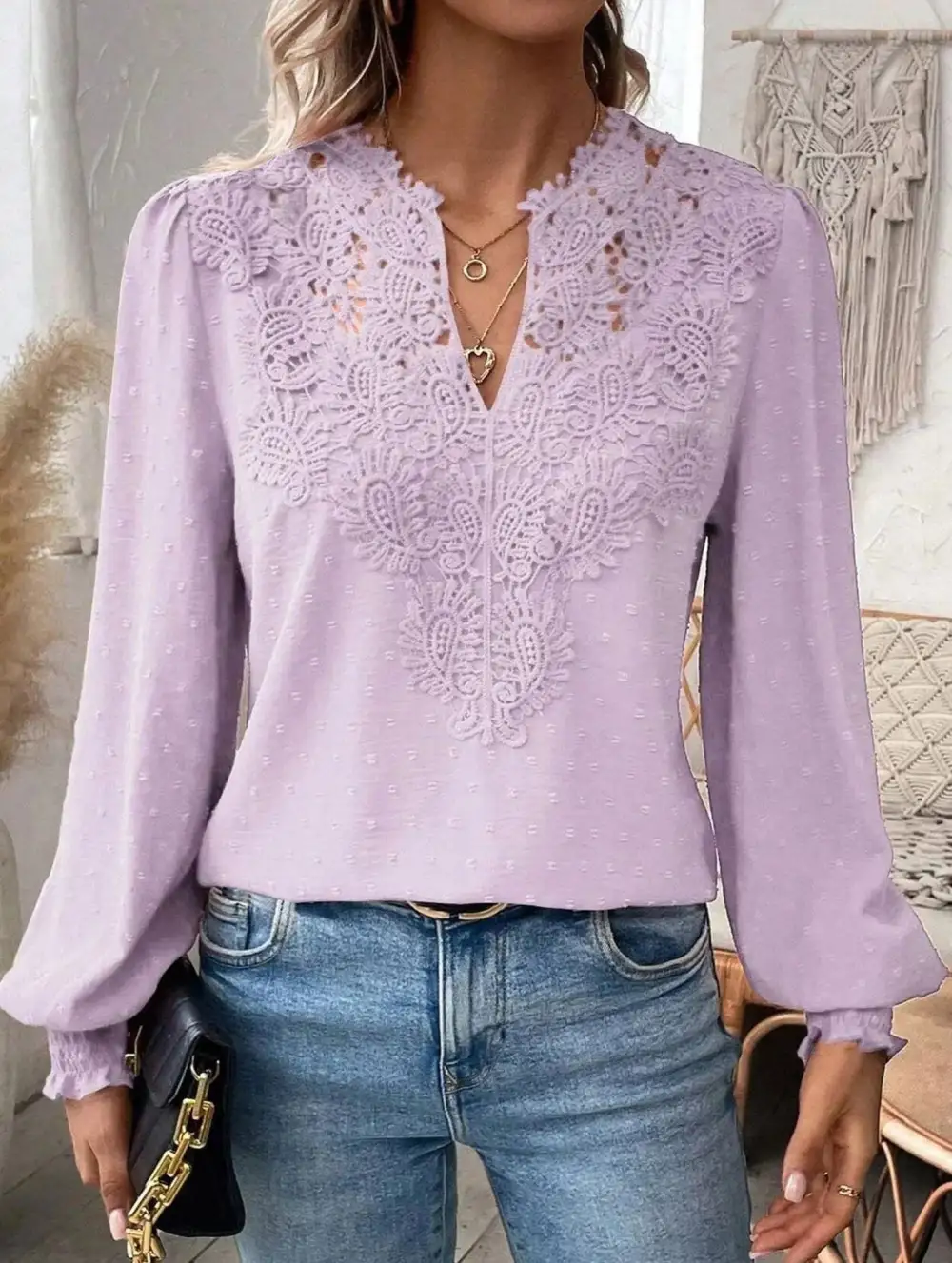 Breezy Lace Detail V Neck Blouse