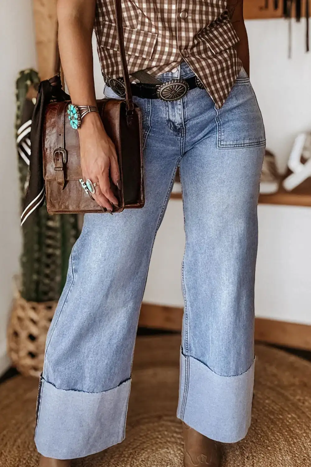 Women's Turn-up Cuffs Loose Jeans