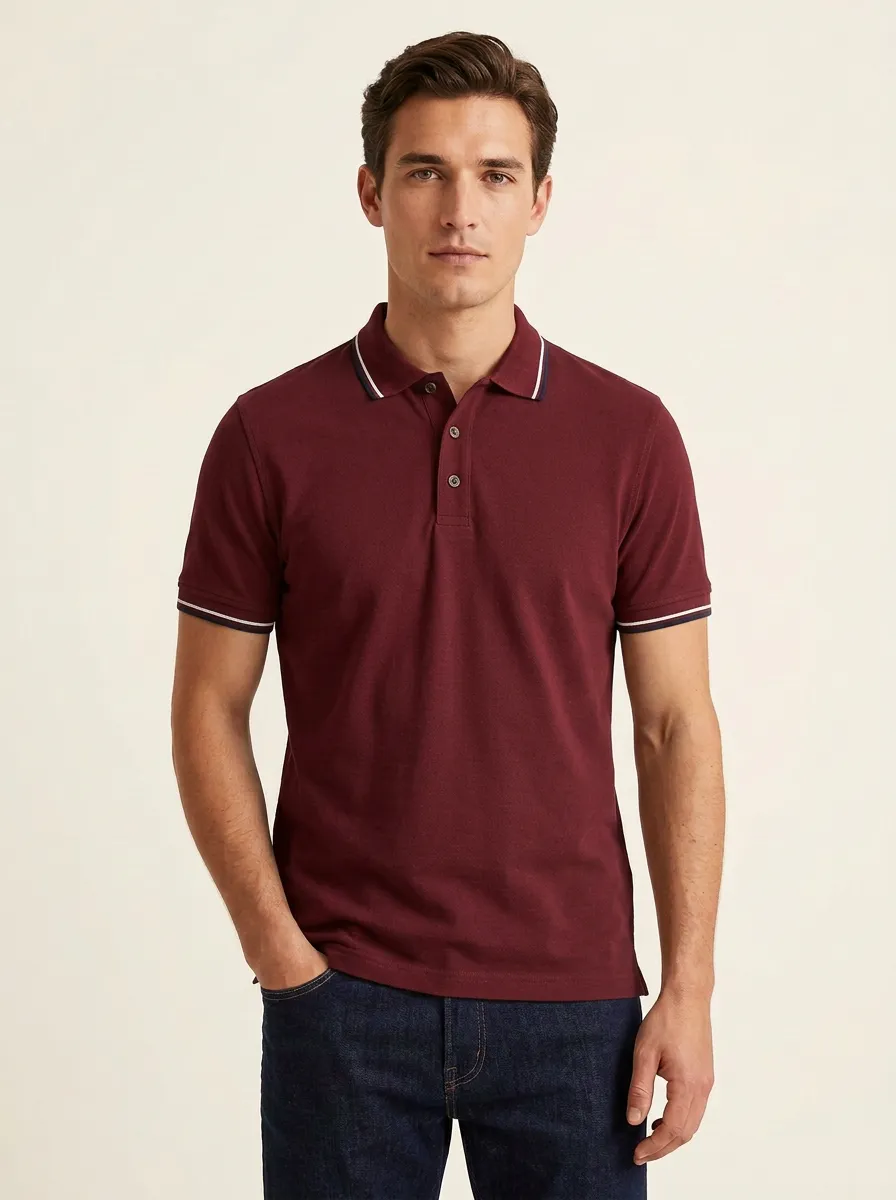 Men's Casual Grey Tipped Collar Printed Polo Shirt