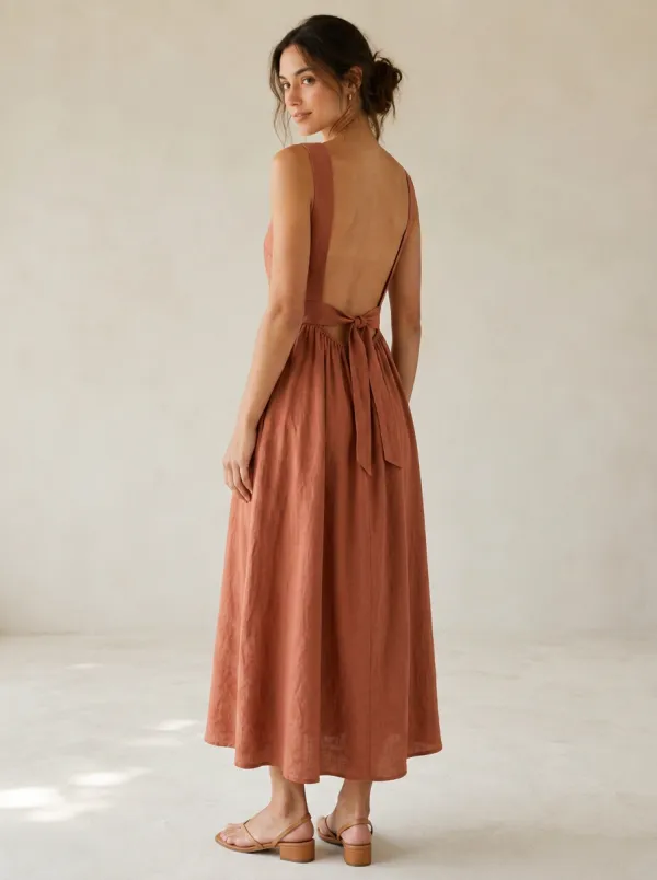 Women's Casual Tie-Waist Linen Backless Dress