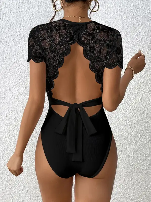 Polyester-Blend Lace Sheer Tie-Detail Fashion Bodysuit