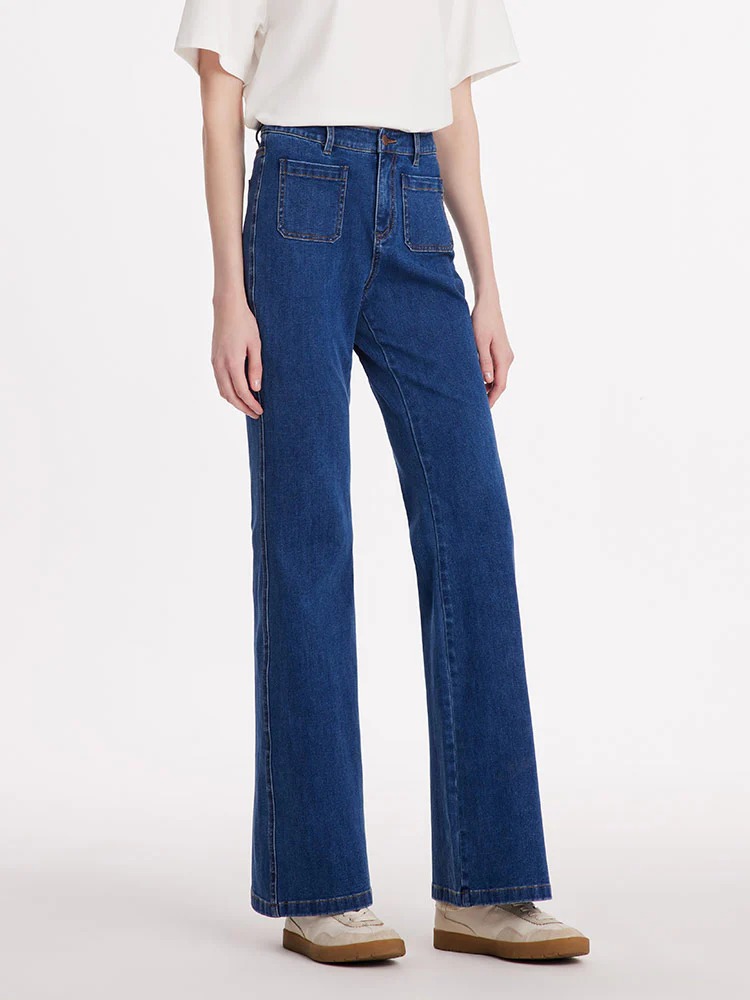 Denim Flared Women Jeans With Patch Pockets