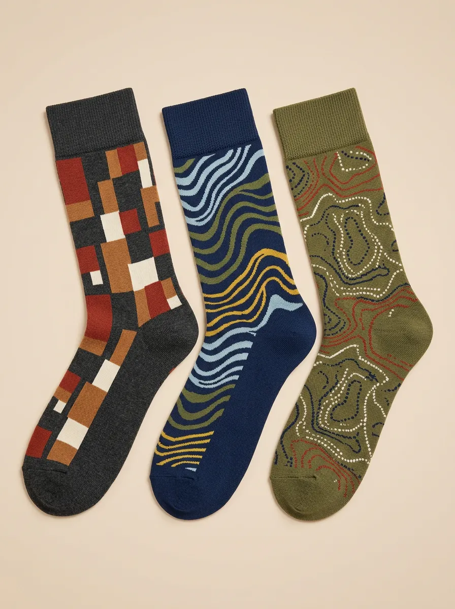 Men's Geometric Abstract Wave Topographic Three-Pack Socks
