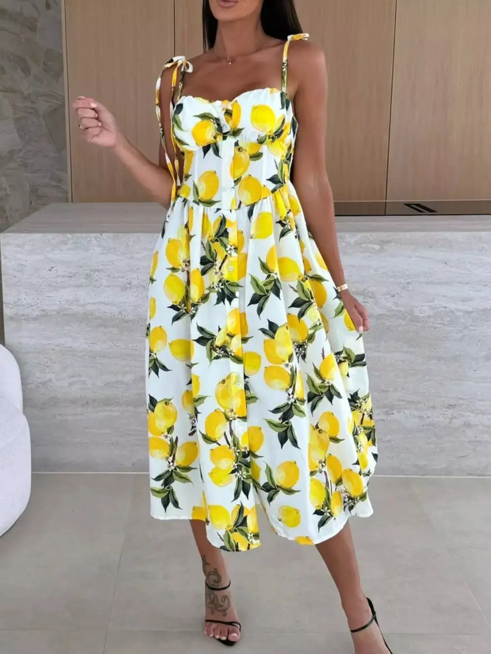 Printed Tie-strap Midi Dress
