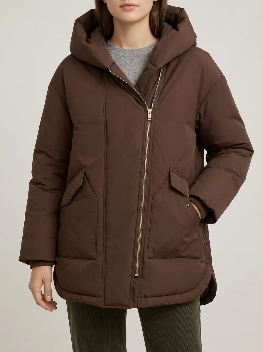 Asymmetric Zip Hooded Brown Puffer Jacket with a minimalist feel