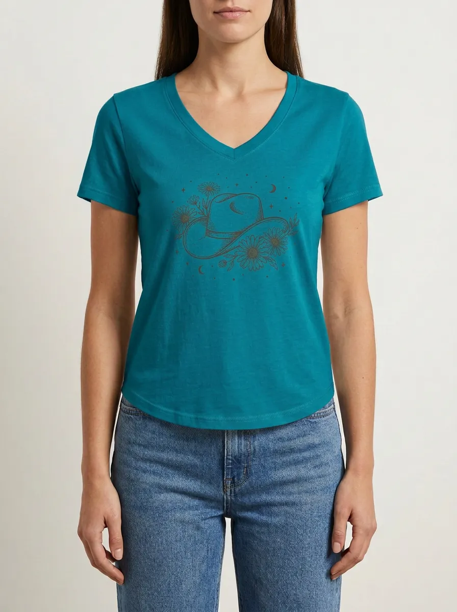 Women's Western Cowgirl Daisy Floral Graphic V-Neck T-Shirt