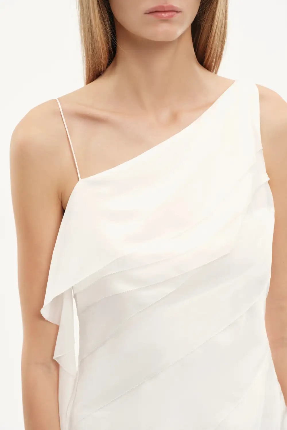 One Shoulder Ruffled Tie Front Silk Maxi Dress