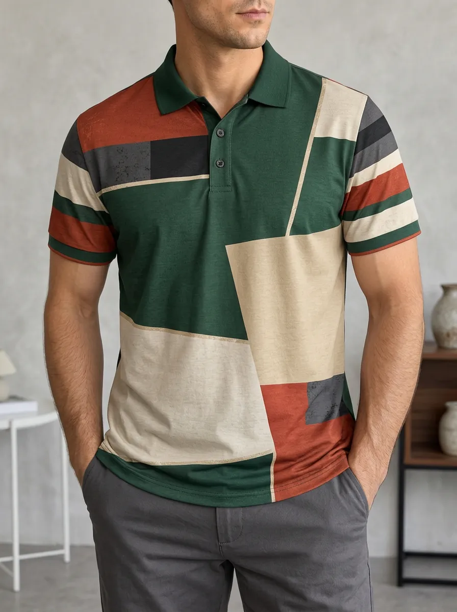 Men's Geometric Colorblock Pattern Printed Polo Shirt Outdoor Casual Style