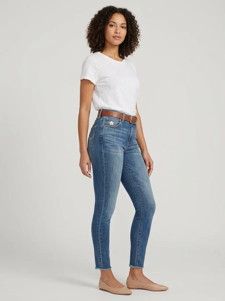 Women's Floral Detail High-Rise Raw Hem Printed Slim Jeans