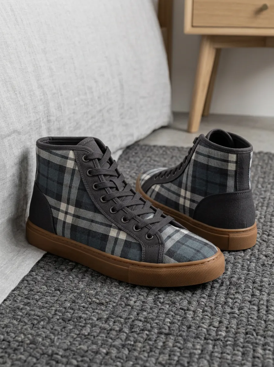 Men's Casual Fashion Grey Plaid Tartan Printed Canvas Shoes