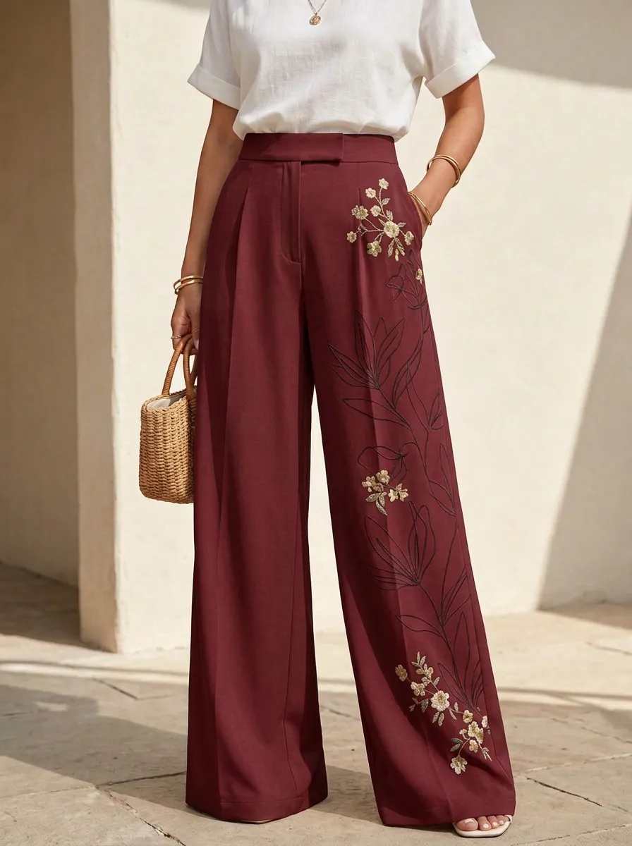 Women's Beige Floral Embroidered Floral Embroidery High-Waisted Wide-Leg Trousers