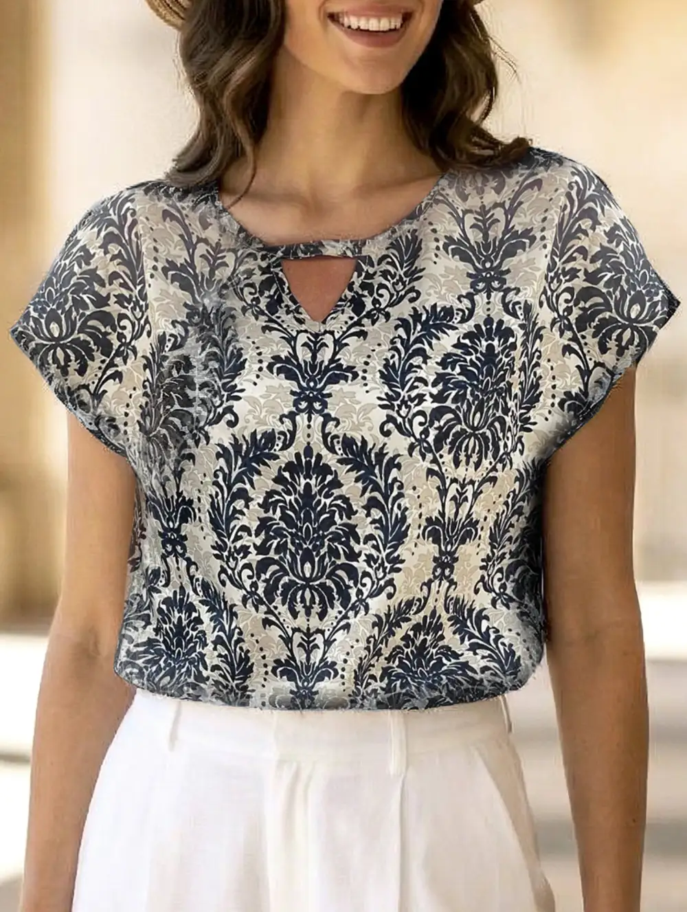 Print V-Neck Batwing Sleeve Top