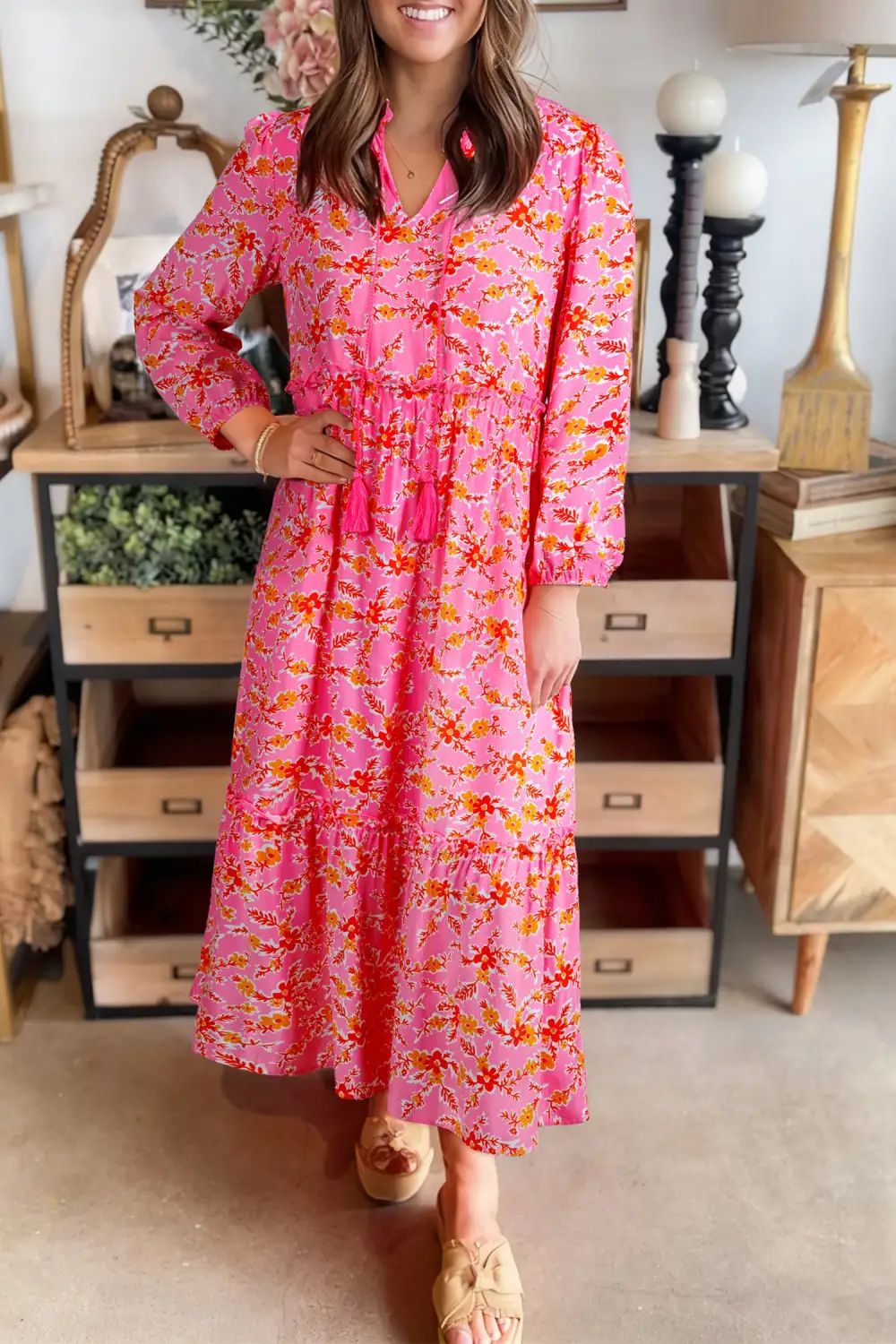 Floral Long Sleeve Tassel Tied V Neck Maxi Dress
