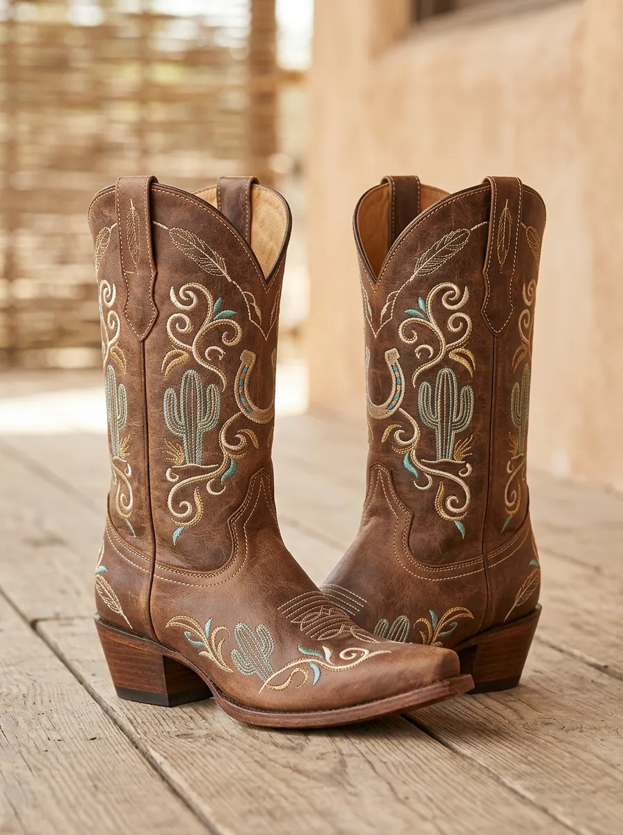 Desert Cactus Horseshoe Embroidered Design Unisex Western Cowboy Boots