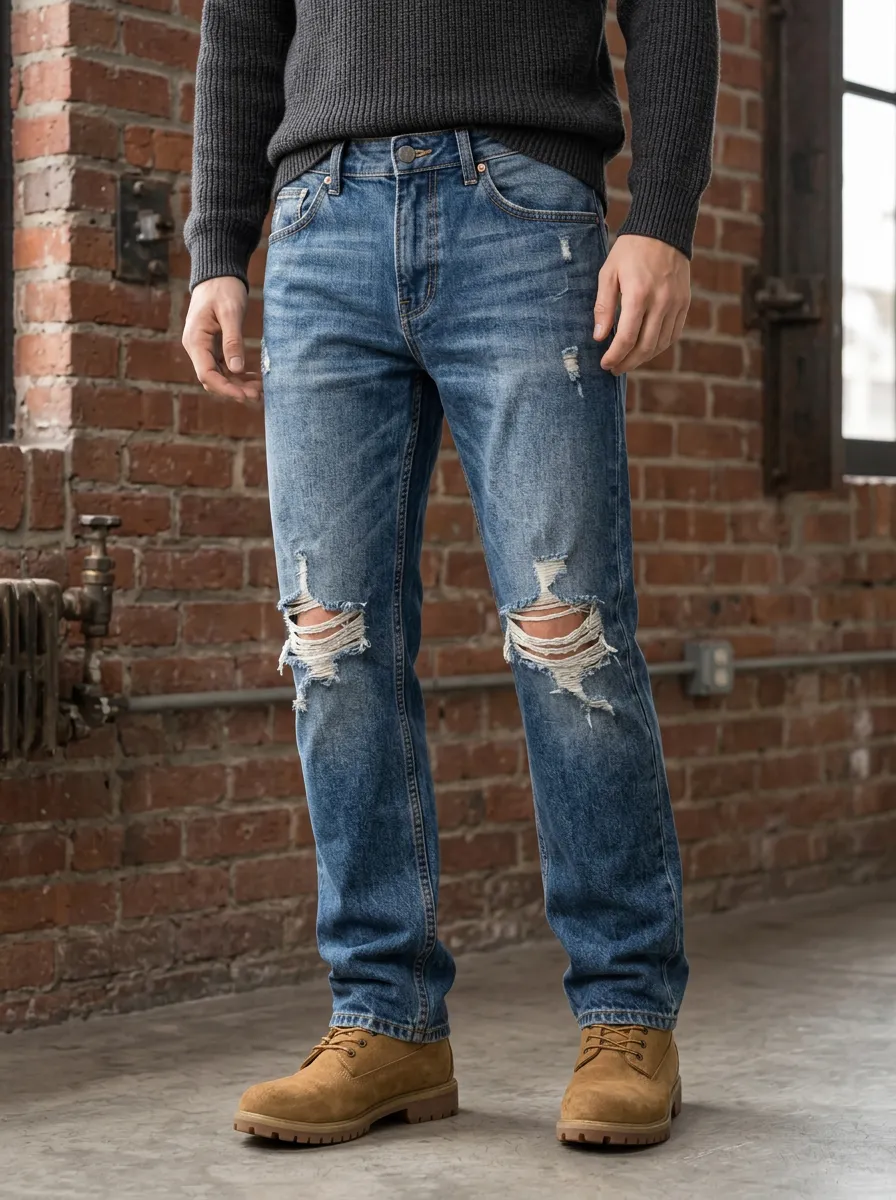 Men's Distressed Blue Denim Ripped Knee Jeans
