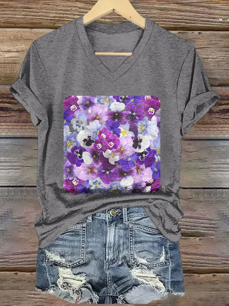 Women's Printed Alzheimer's Awareness V-Neck Short-Sleeved T-Shirt