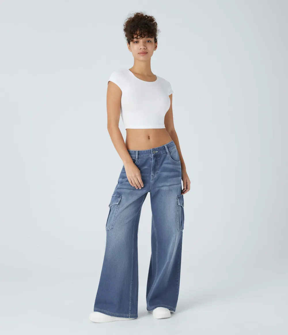 Magic Low Rise Multiple Pockets Stretchy Knit Casual Wide Leg Cargo Jeans