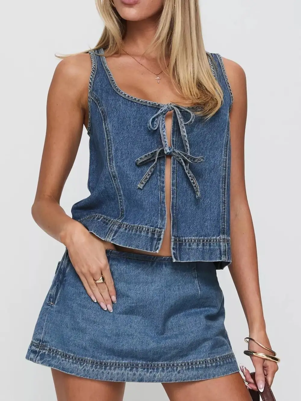 Tie Front Coordinated Set Denim Pants