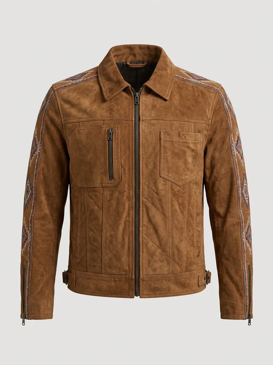 Men's Suede Western-Inspired Zip Jacket Point-Collar