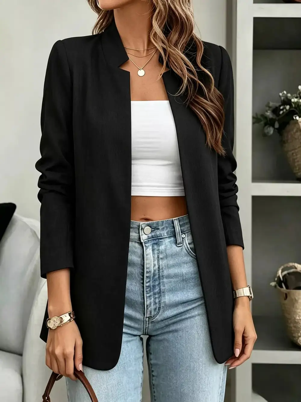 Tailored Open-Front Long-Sleeve Blazer